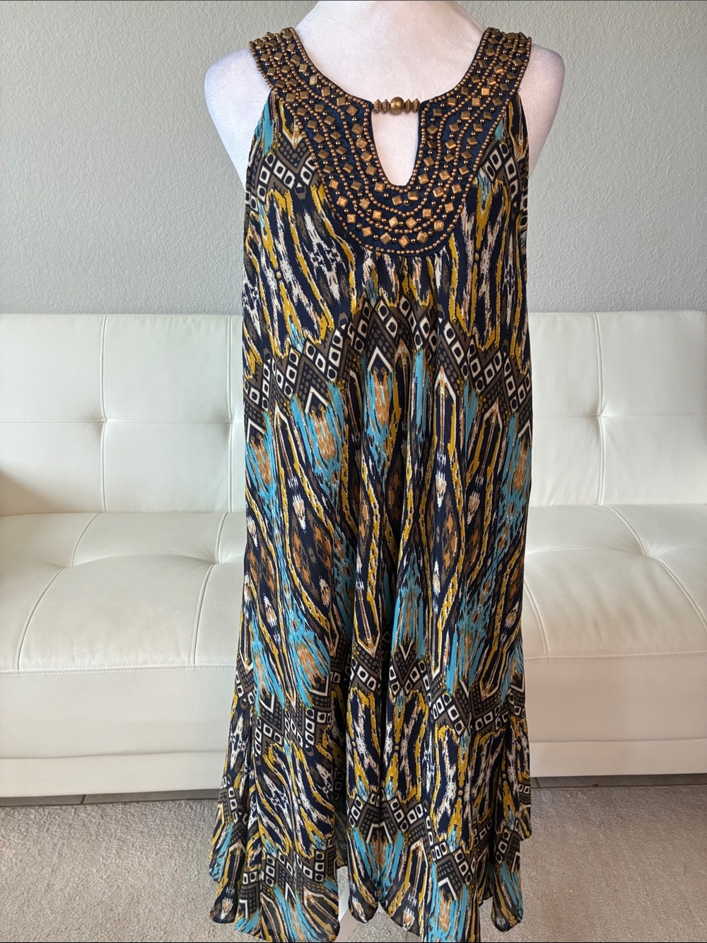 Bohemian Café Embellished Neckline Midi Dress in Teal, Mustard & Black
